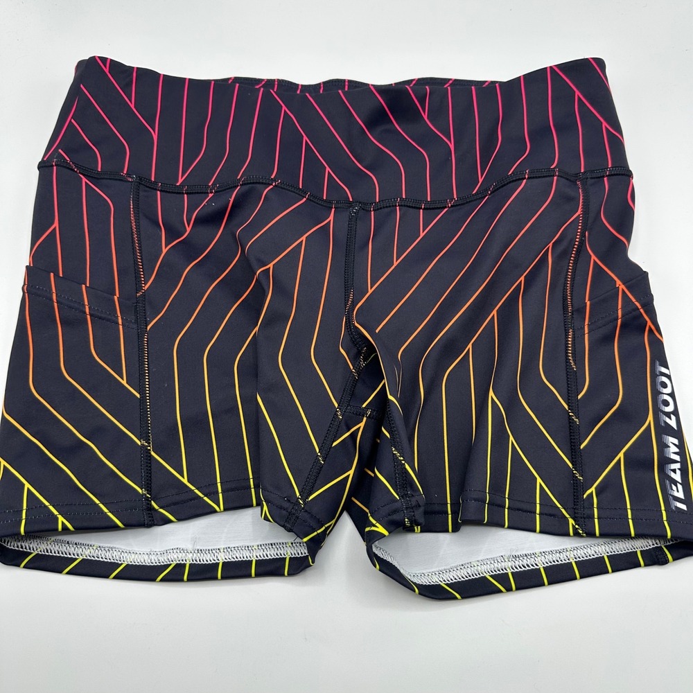 Team Zoot Womens XL Triathlon Racing Shorts Black Pink Orange Geometric Pockets